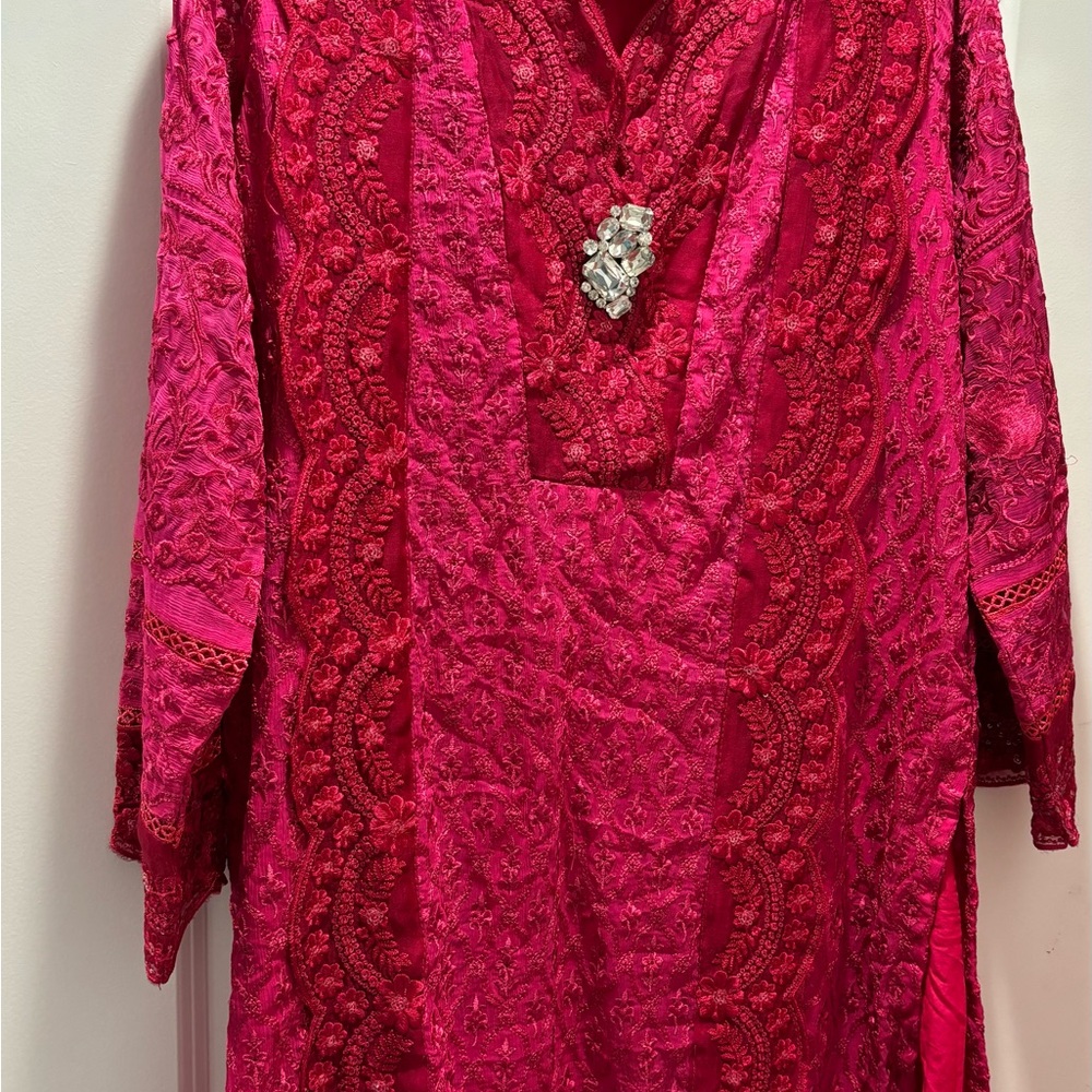 Agha Noor Fuschia Silk and Chiffon Women’s Tunic Top